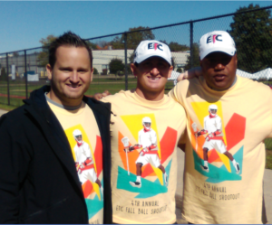 Three men wearing fourth annual ETC Fall Ball Shootout t-shirt.