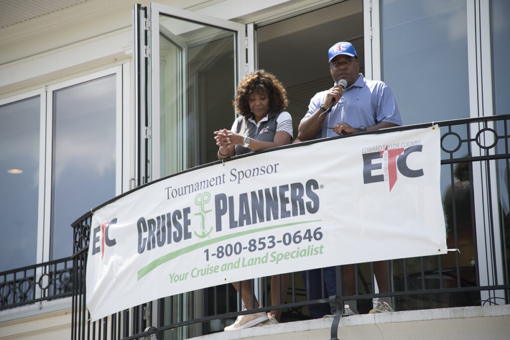 Tina and Eric Coombs share a message prior to the start of the eighth annual ETC Foundation Golf Outing.