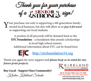 Kirkland Printing will donate a portion of its proceeds to the ETC Foundation.