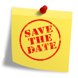 A yellow sticky note with the phrase "save the date" stamped in red.