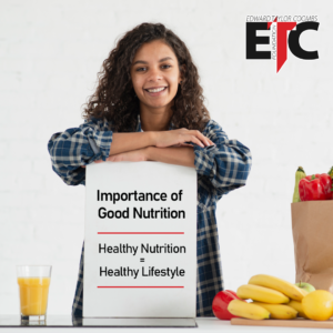 A young woman smiles in front of the camera with a word importance of good nutrition