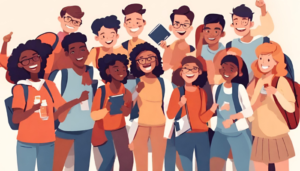 A group of animated, diverse students smiling, some holding books and backpacks