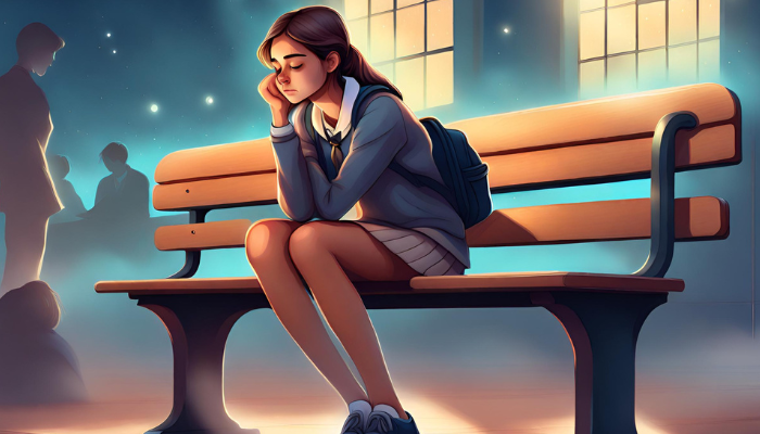 Young woman sitting alone on a park bench at night, looking thoughtful,