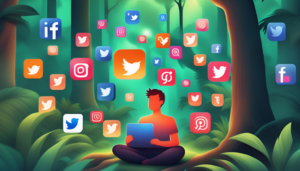 Person sitting in a forest with a laptop, surrounded by floating social media icons