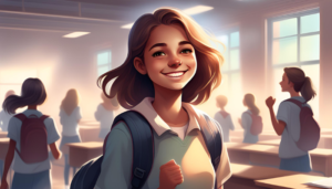 Smiling teenage girl with a backpack in a classroom