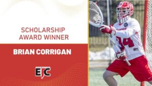 "Scholarship award winner Brian Corrigan in lacrosse gear with a goalie stick