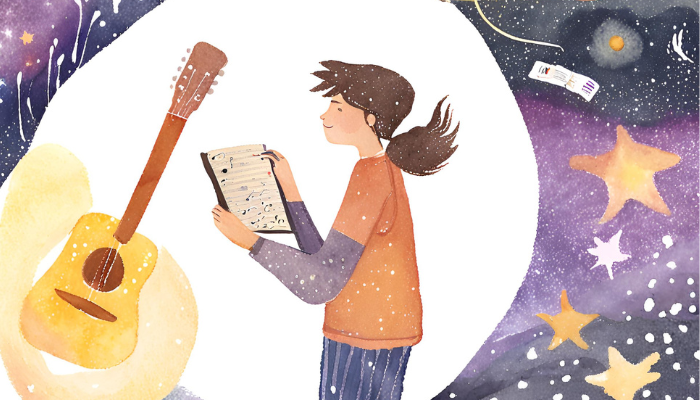 Illustration of a girl with a guitar and a book