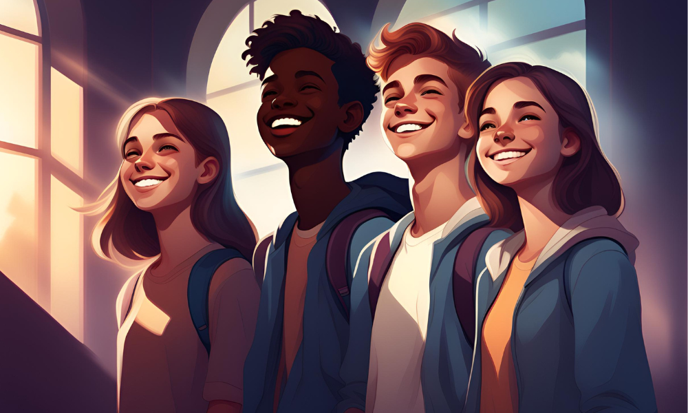 An animated picture of four students standing and smiling