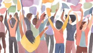 Illustration of a diverse group of people with arms raised, waving colorful flags and banners