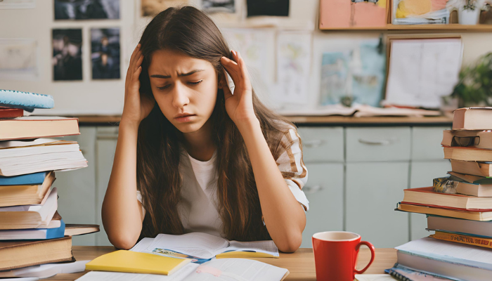 A stressed young woman is overwhelmed by studying, surrounded by books and papers at her desk.