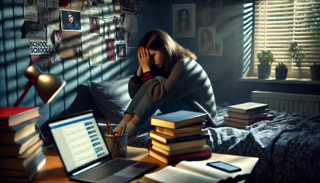 A young woman sitting on a bed with her head in her hands, appearing stressed or overwhelmed.