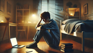 A young man sitting on the floor, looking stressed or thoughtful with a glowing laptop in front.