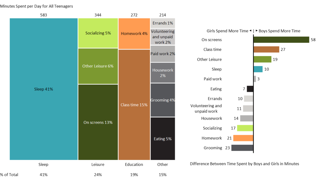 A chart showing how teenagers spend time, with 41% allocated to sleep.