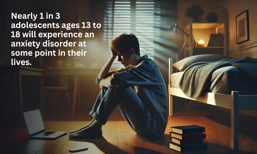 A young person sitting on the floor with their hand in their head and a text.