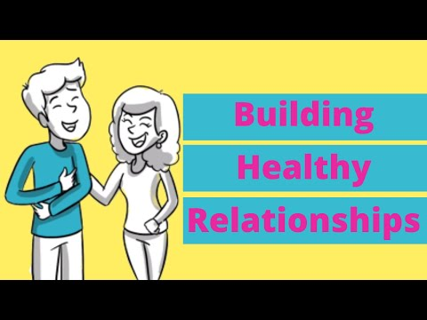 A cartoon couple smiling next to the text "Building Healthy Relationships" on a yellow background.